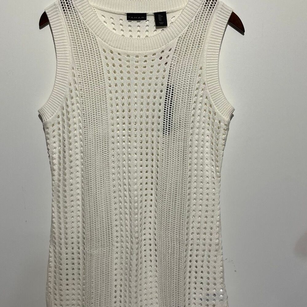 Tahari Women's Cream Open Knit Round Neck Sleeveless Bodycon‎ Dress Large NWT